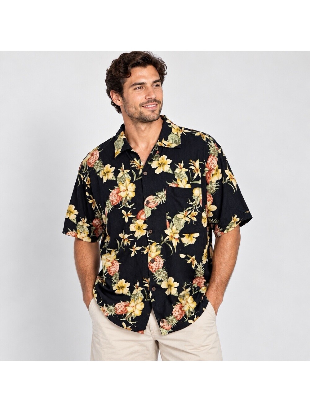 Steve & Barry’s Hawaiian L Shirt Black Pineapple Floral Tropical Aloha Resort